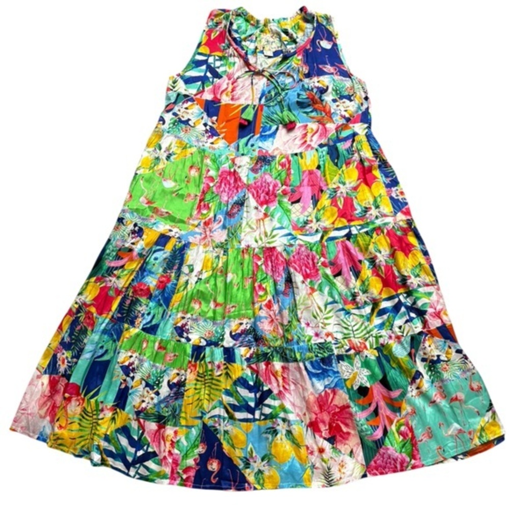 Escape by OQ sleeveless , bird print , tassels multicolor midi dress size large.